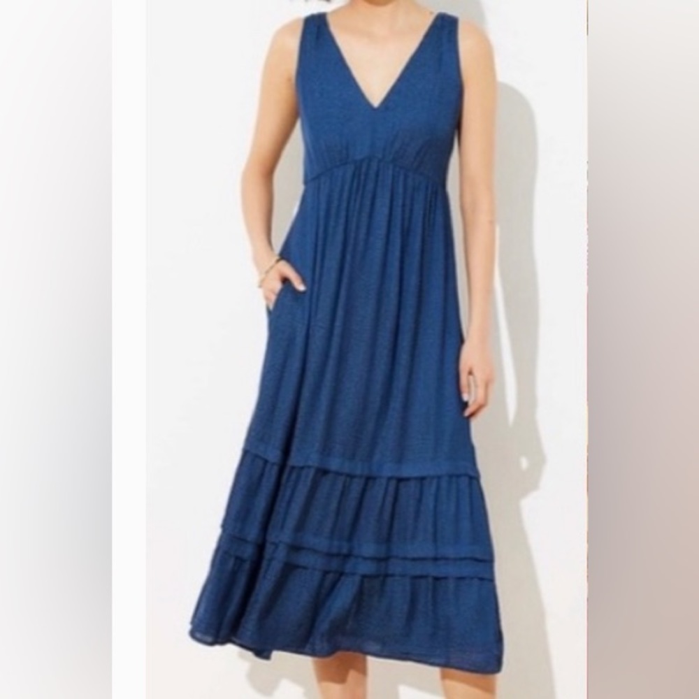LOFT Spotted Tiered Blue Midi Dress, size 10